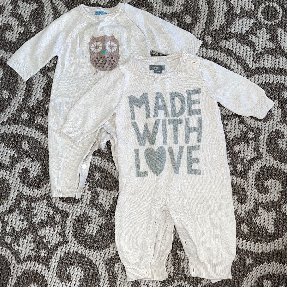 2 Baby GAP Sweater Rompers, Owl and “Made with Love”
